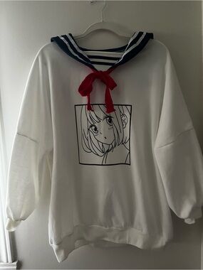 SUPER CUTE! White Sailor-Collar Anime Sweater with Red Bow